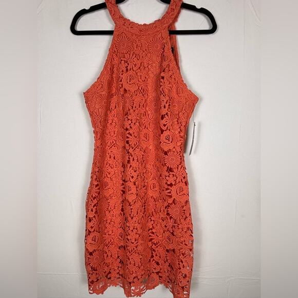 Lulus Mini Dress Love Poem Coral Orange Lace- S NWT - Picture 5 of 12